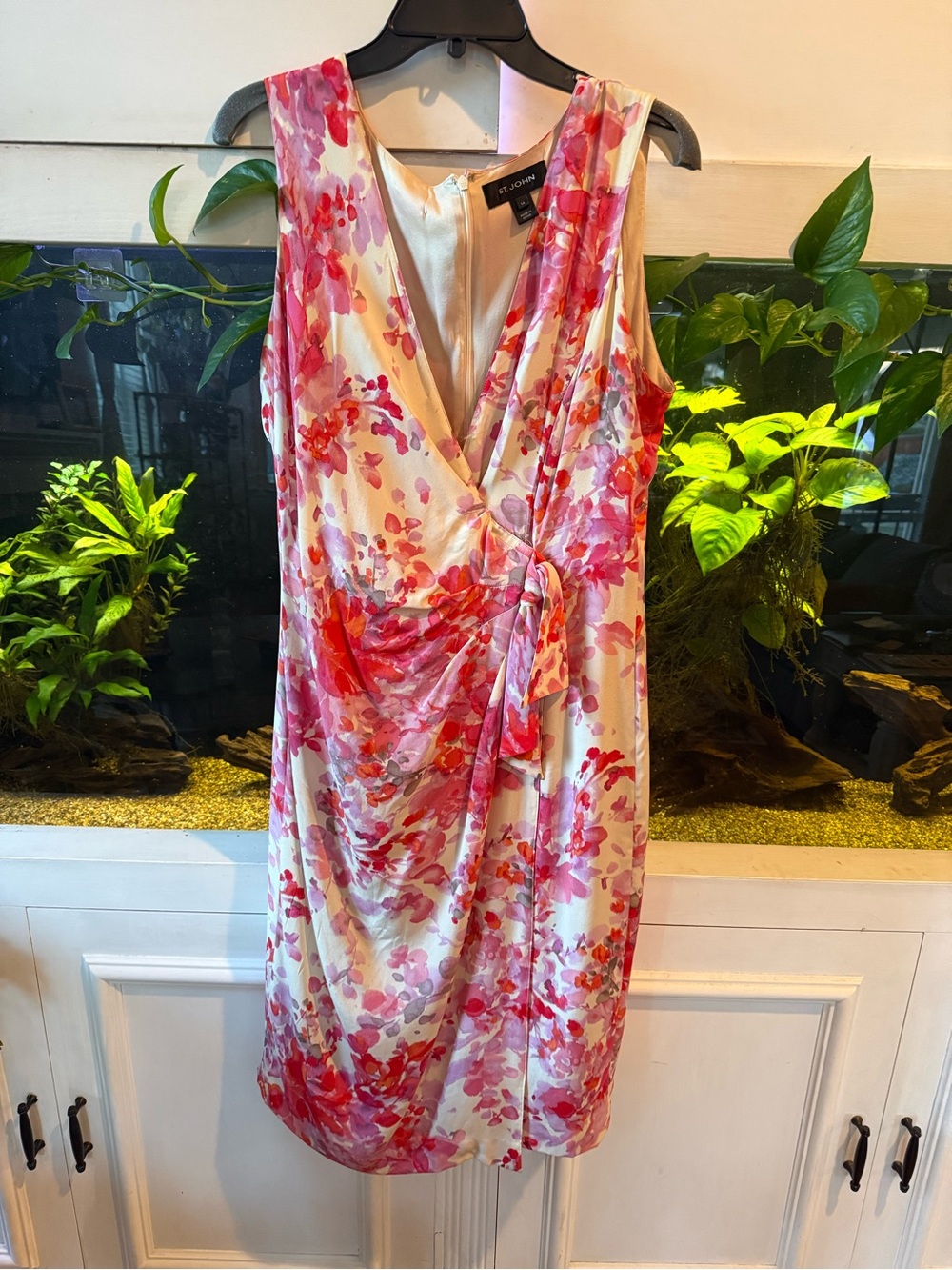 St. John Floral Pink and Red Sleeveless Midi Wrap Dress